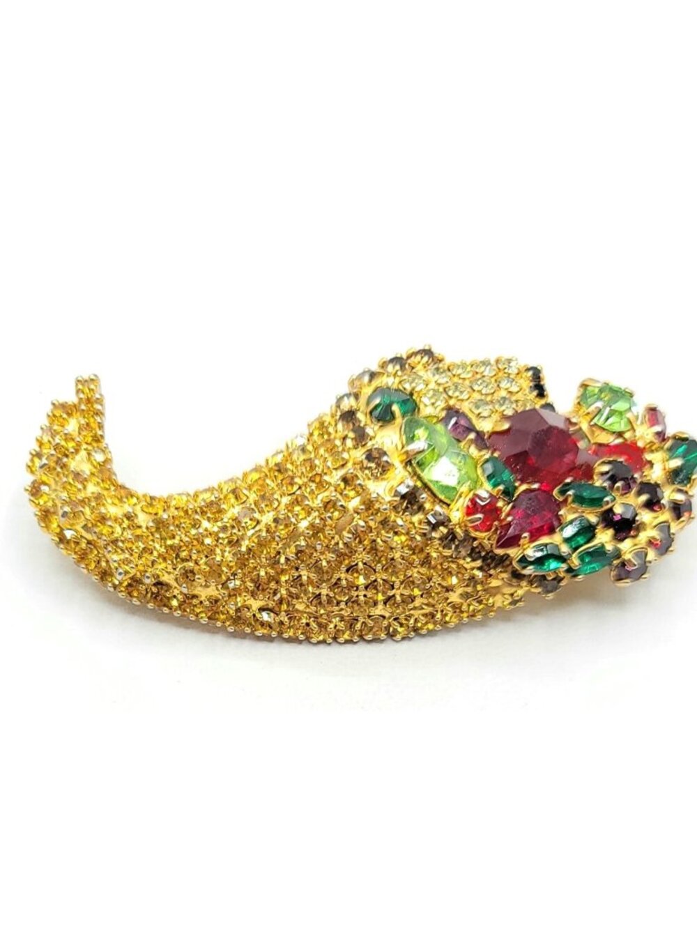 Gold Tone Topaz Red Green Prong Set Rhinestone Cornucopia Pin Brooch